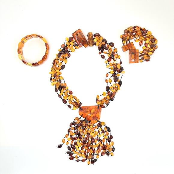 Vintage 90’s Amber Beaded Multi Strand Necklace With Medallion And Bracelets - Picture 4 of 8